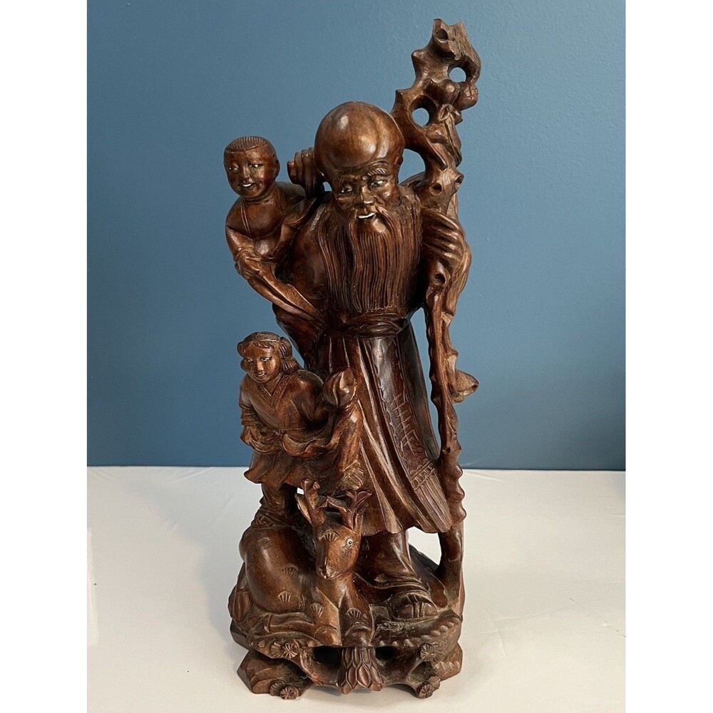 Large Chinese Carved Wood Sculpture SHOULAO with Children and Deer Vintage 12"H